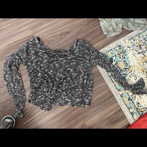 Oversized off the shoulder light weight sweater with open cross back in b&w